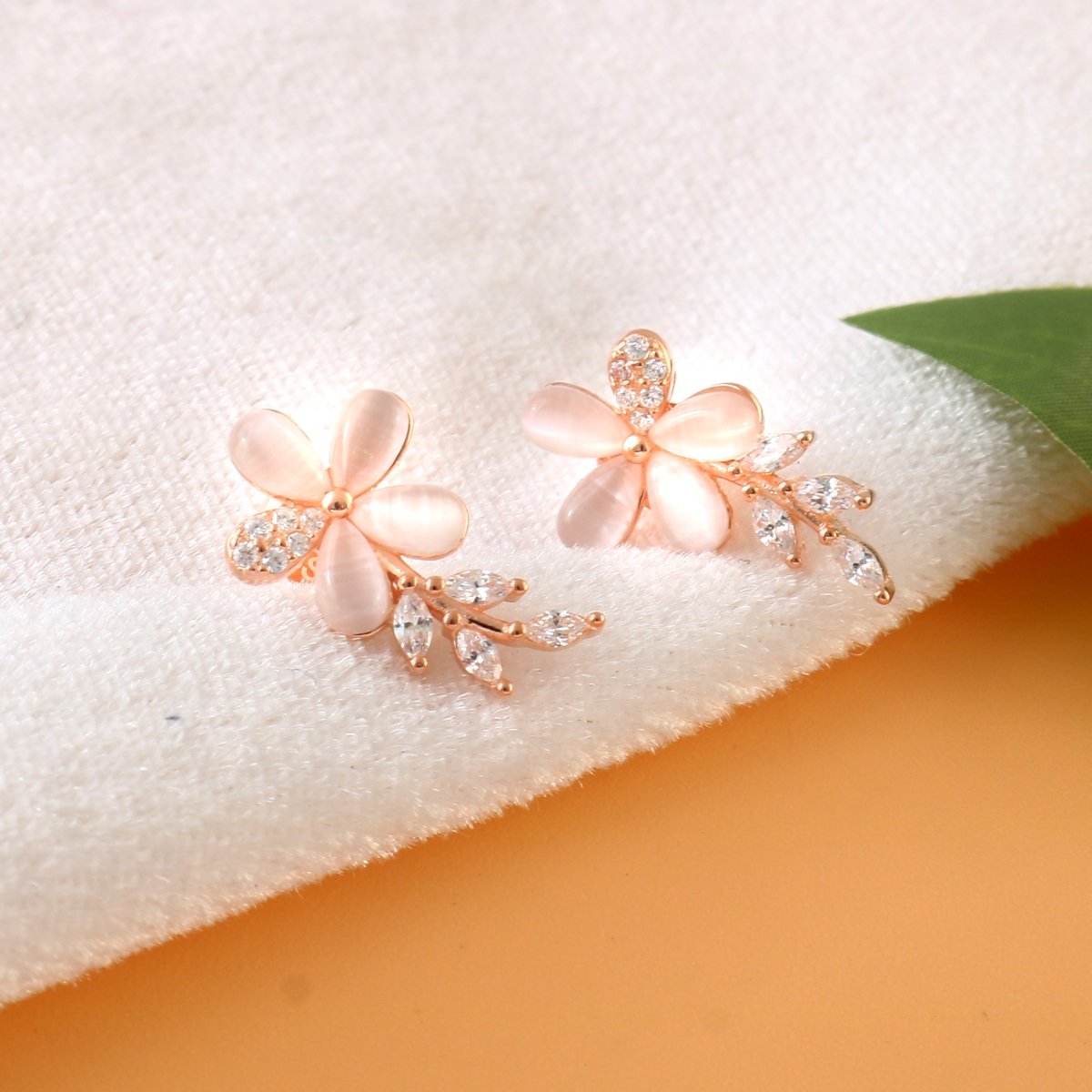 Rose Gold Floral Stud Earrings – Pink Petal Flower Earrings with CZ Leaf Detailing - Zirak Silver