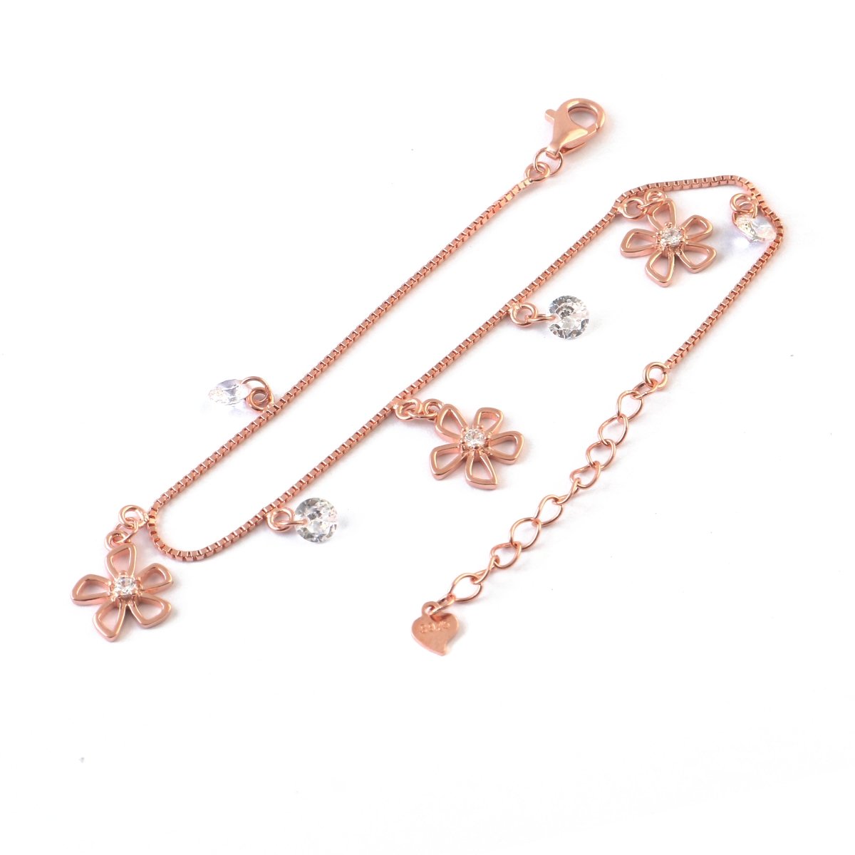 Rose Gold Flower Charm Bracelet | Dainty Floral CZ Drop Bracelet | Sterling Silver Jewelry for Women - Zirak Silver