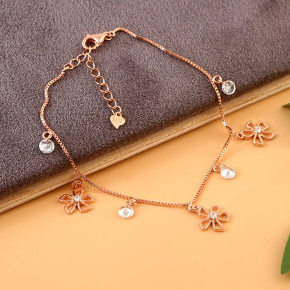 Rose Gold Flower Charm Bracelet | Dainty Floral CZ Drop Bracelet | Sterling Silver Jewelry for Women - Zirak Silver