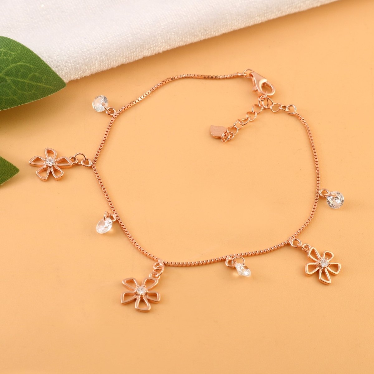 Rose Gold Flower Charm Bracelet | Dainty Floral CZ Drop Bracelet | Sterling Silver Jewelry for Women - Zirak Silver