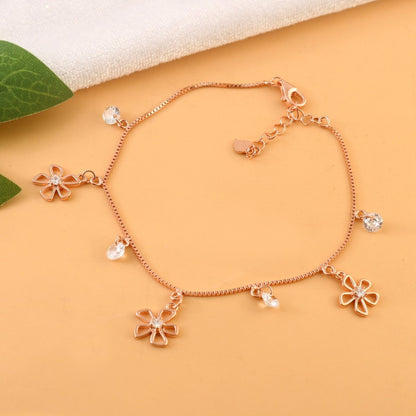 Rose Gold Flower Charm Bracelet | Dainty Floral CZ Drop Bracelet | Sterling Silver Jewelry for Women - Zirak Silver