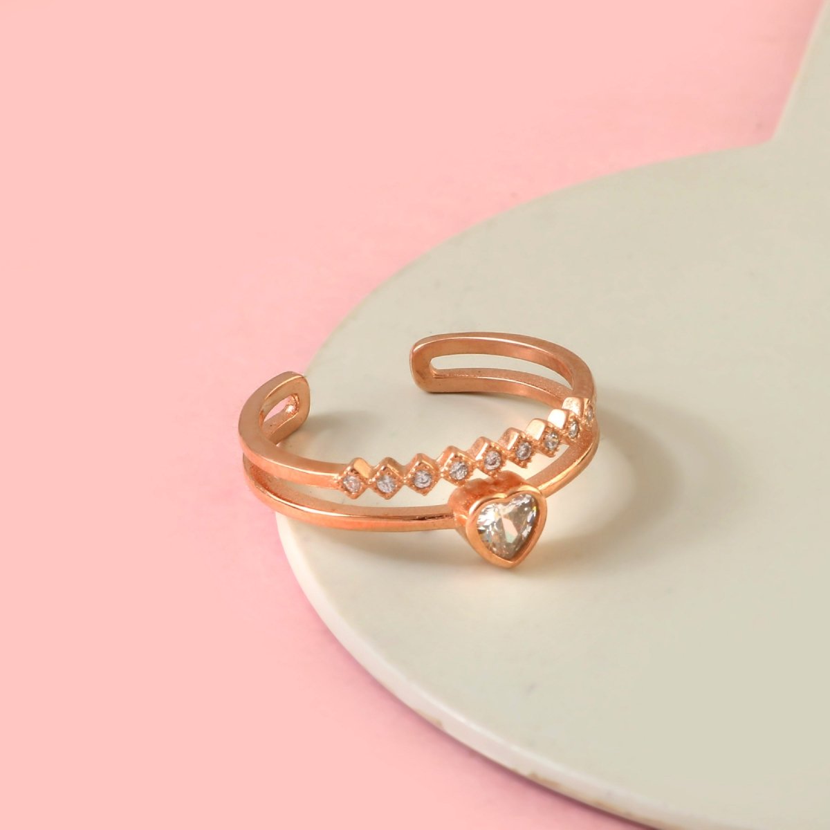 Rose Gold Heart Adjustable Ring | 925 Silver CZ Open Band Ring for Women - Zirak Silver