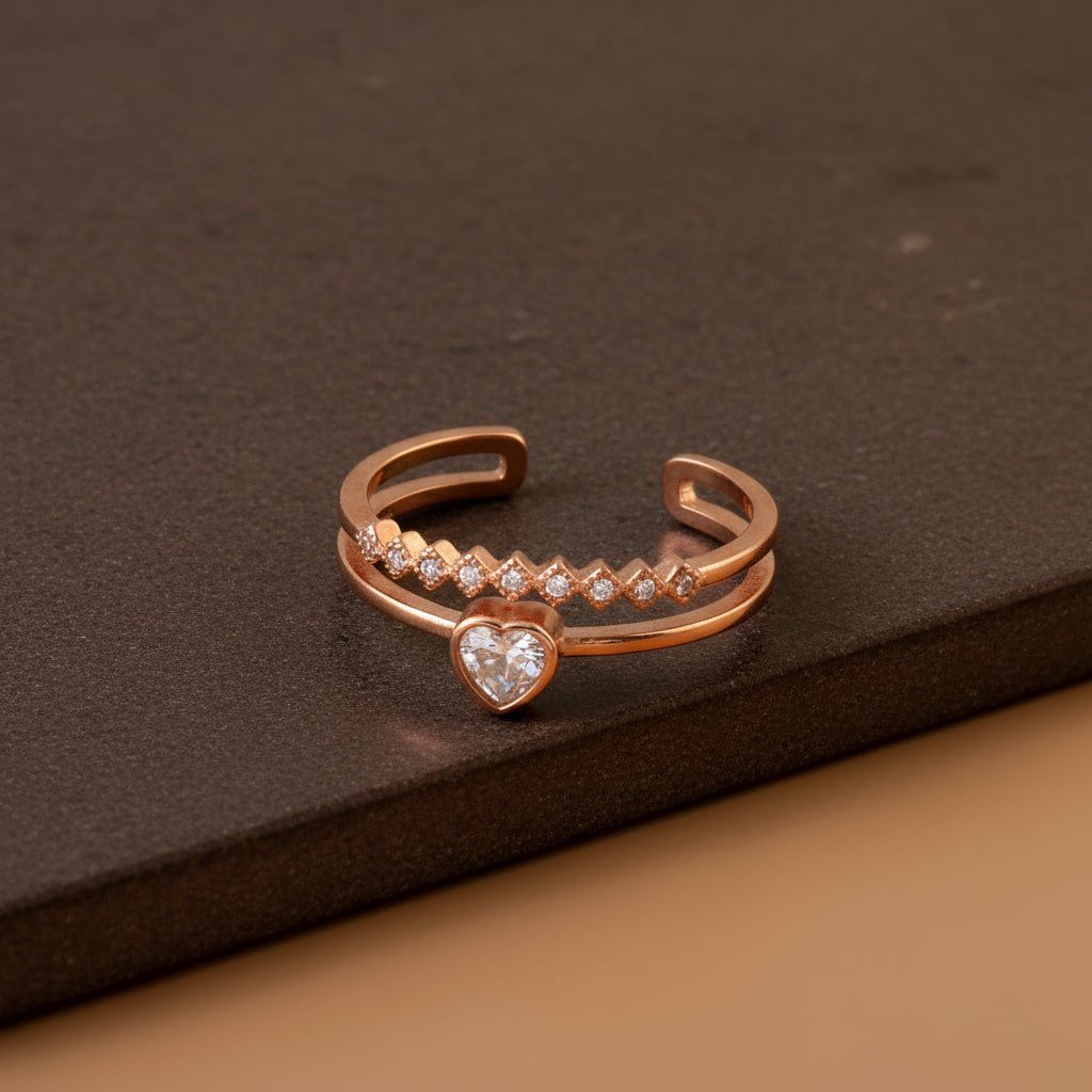 Rose Gold Heart Adjustable Ring | 925 Silver CZ Open Band Ring for Women - Zirak Silver
