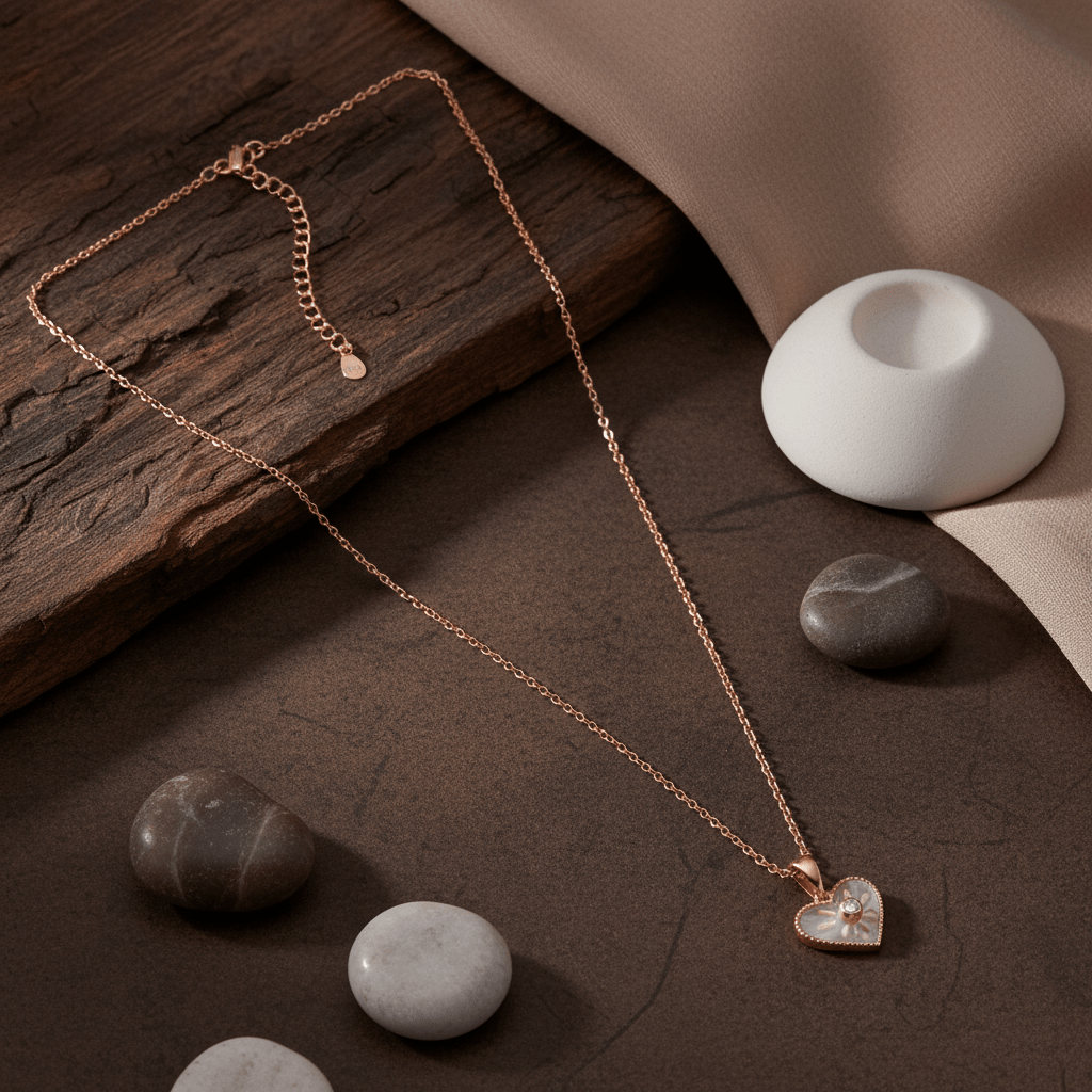 Rose Gold Heart Pendant Necklace with Mother of Pearl & CZ | 925 Silver - Zirak Silver