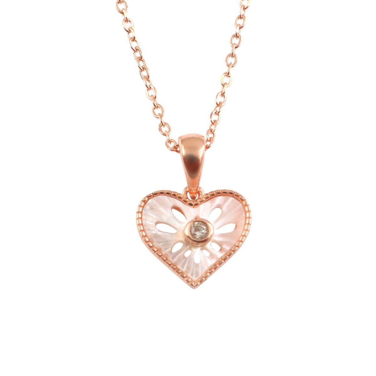 Rose Gold Heart Pendant Necklace with Mother of Pearl & CZ | 925 Silver - Zirak Silver