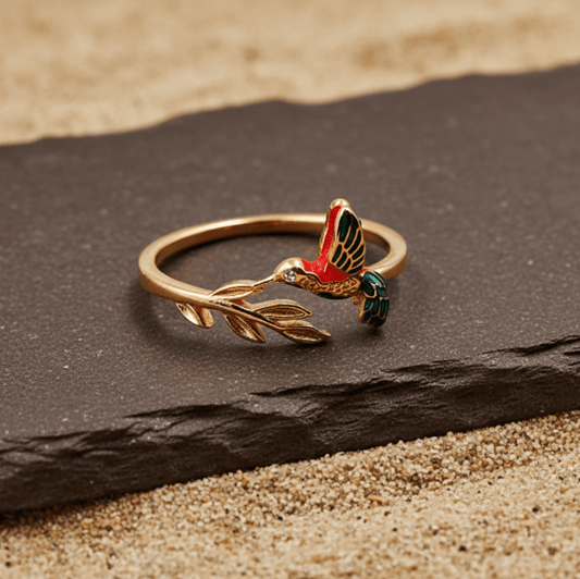 Rose Gold Hummingbird Ring in 925 Silver – Colorful Enamel Bird & Leaf Band - Zirak Silver