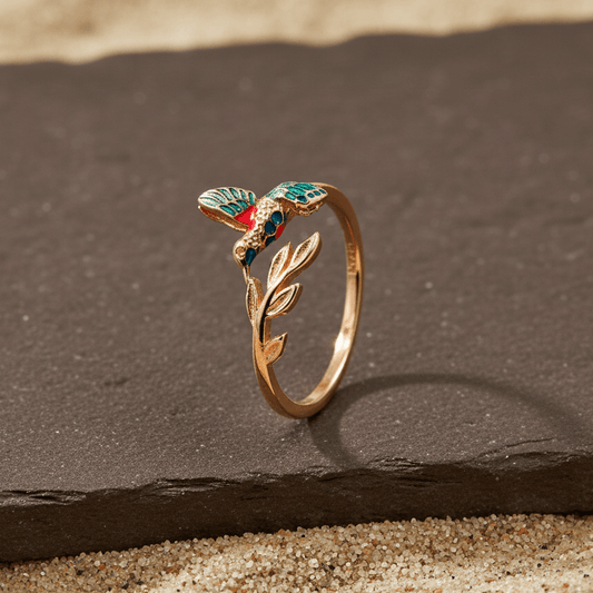 Rose Gold Hummingbird Ring in 925 Silver – Colorful Enamel Bird & Leaf Band - Zirak Silver