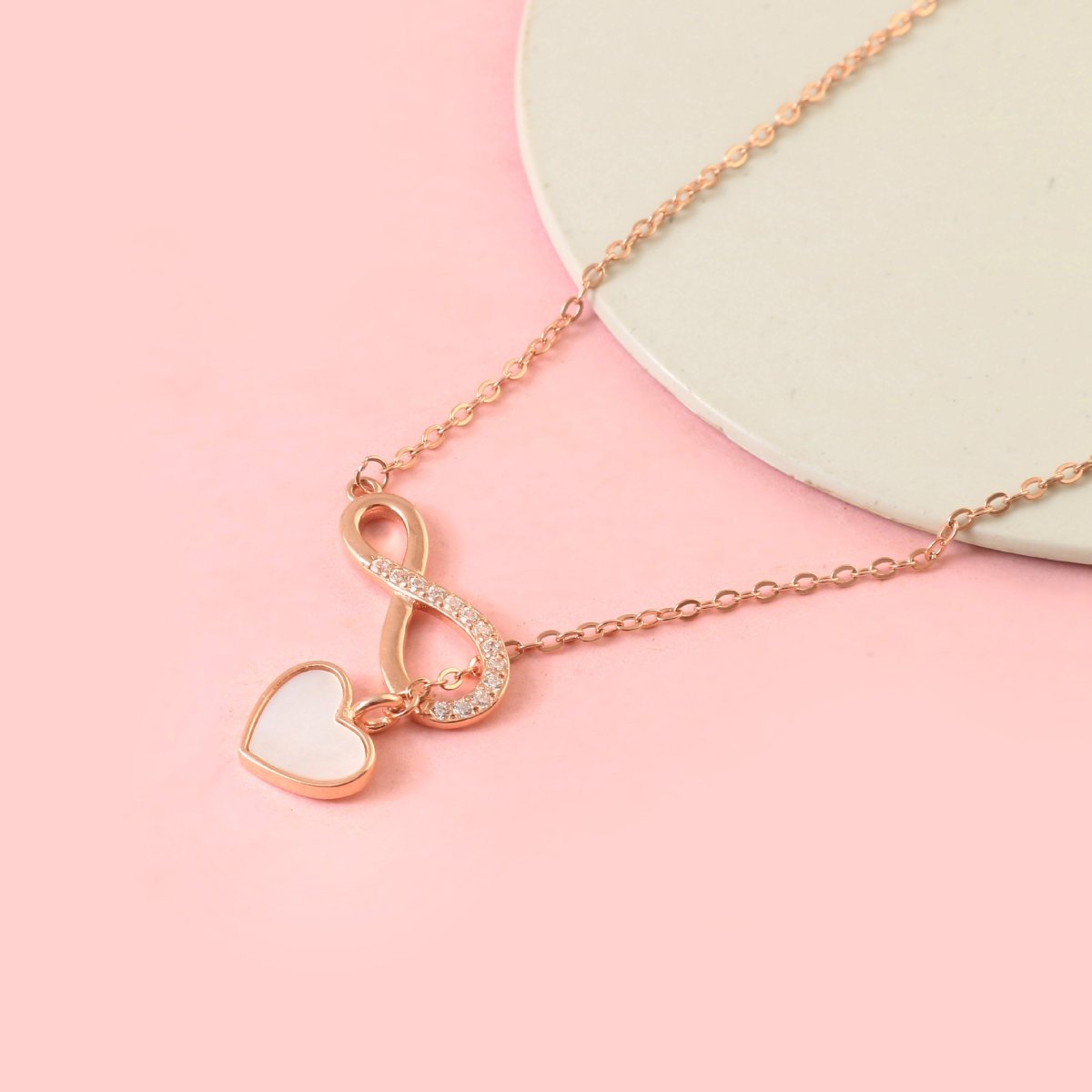 Rose Gold Infinity Heart Necklace | 925 Silver Pendant with CZ & Mother of Pearl | Symbol of Endless Love - Zirak Silver