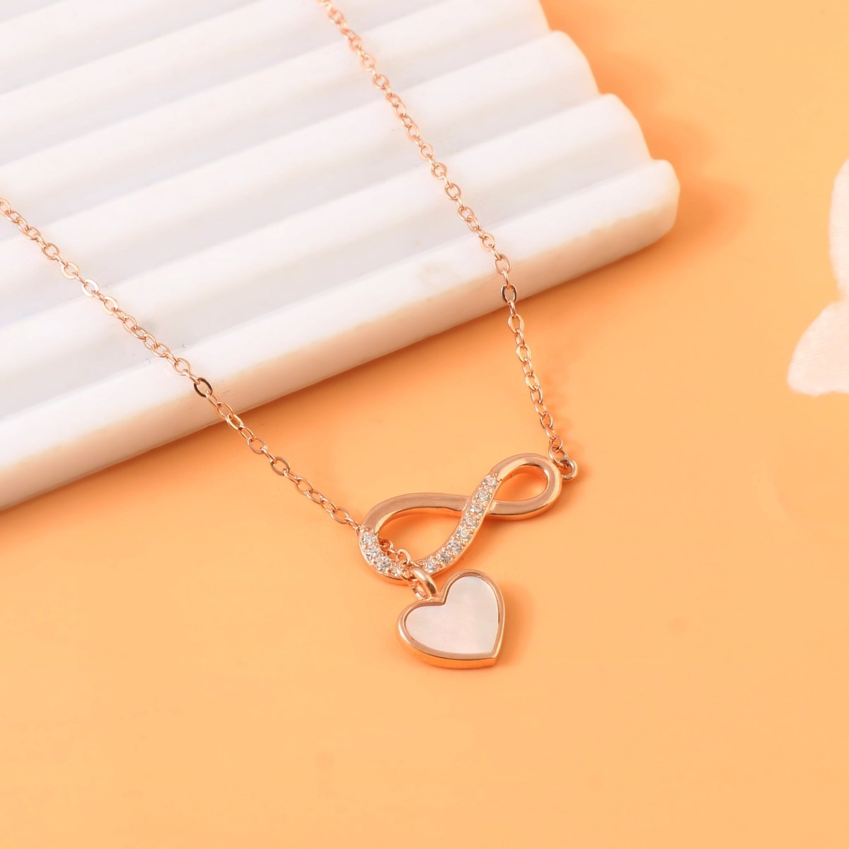 Rose Gold Infinity Heart Necklace | 925 Silver Pendant with CZ & Mother of Pearl | Symbol of Endless Love - Zirak Silver