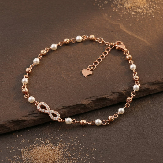 Rose Gold Infinity Pearl Bracelet | 925 Silver Elegant Symbolic Bracelet for Women - Zirak Silver