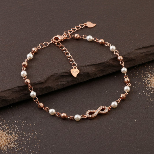 Rose Gold Infinity Pearl Bracelet | 925 Silver Elegant Symbolic Bracelet for Women - Zirak Silver