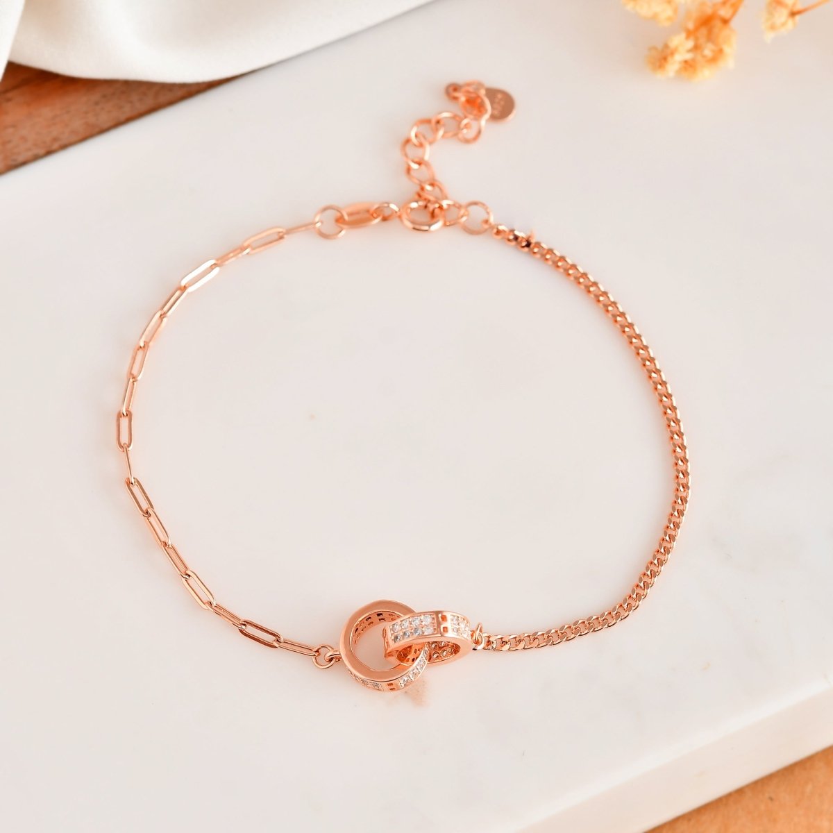 Rose - Gold Mixed - Chain Bracelet with CZ Interlocking Rings – 925 Sterling Silver, Adjustable - Zirak Silver