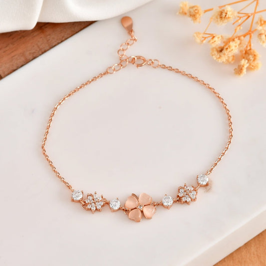Rose Gold Mother - of - Pearl Clover & CZ Cluster Bracelet | 925 Sterling Silver - Zirak Silver