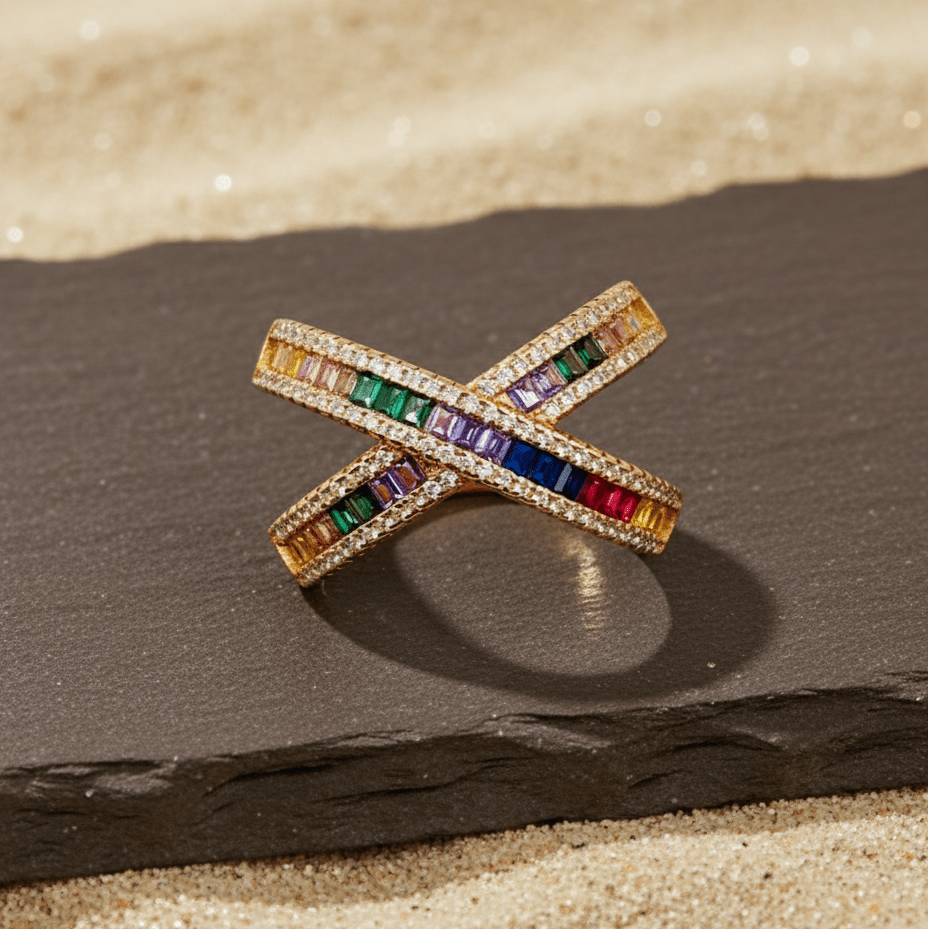 Rose Gold Multicolor Criss - Cross Baguette Ring - Zirak Silver