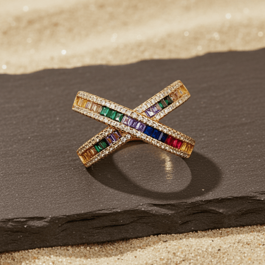 Rose Gold Multicolor Criss - Cross Baguette Ring - Zirak Silver