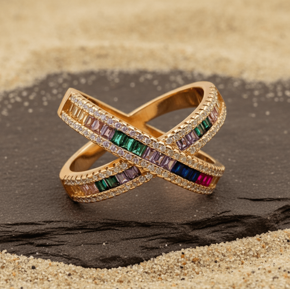 Rose Gold Multicolor Criss - Cross Baguette Ring - Zirak Silver