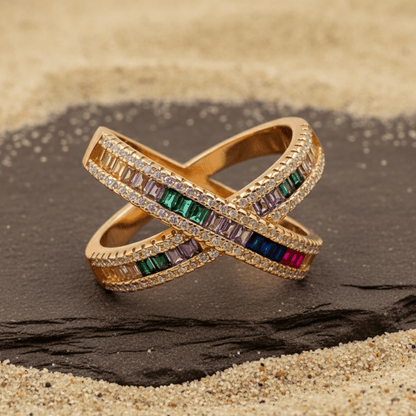 Rose Gold Multicolor Criss - Cross Baguette Ring - Zirak Silver