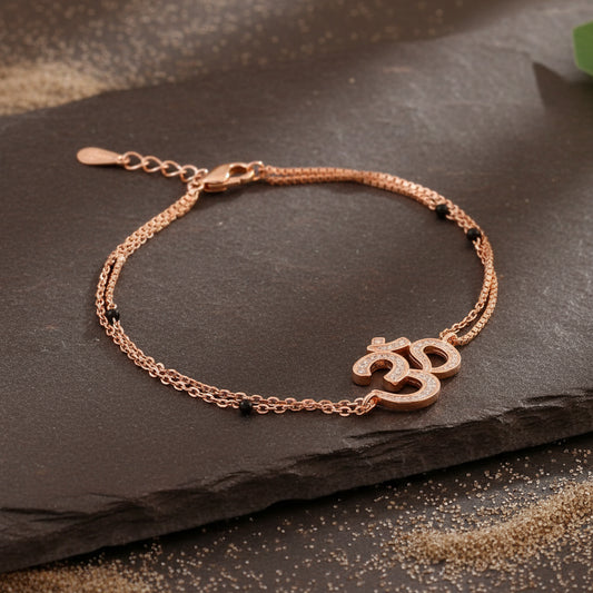 Rose Gold OM Bracelet | Black Bead Mangalsutra Bracelet | Sterling Silver Spiritual Jewelry - Zirak Silver
