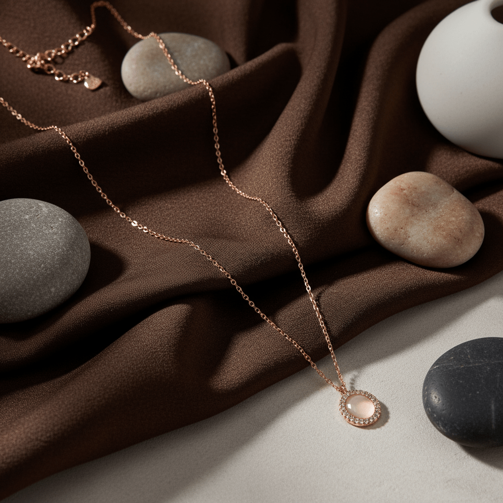 Rose Gold Oval Mother of Pearl Necklace with CZ Halo - Zirak Silver