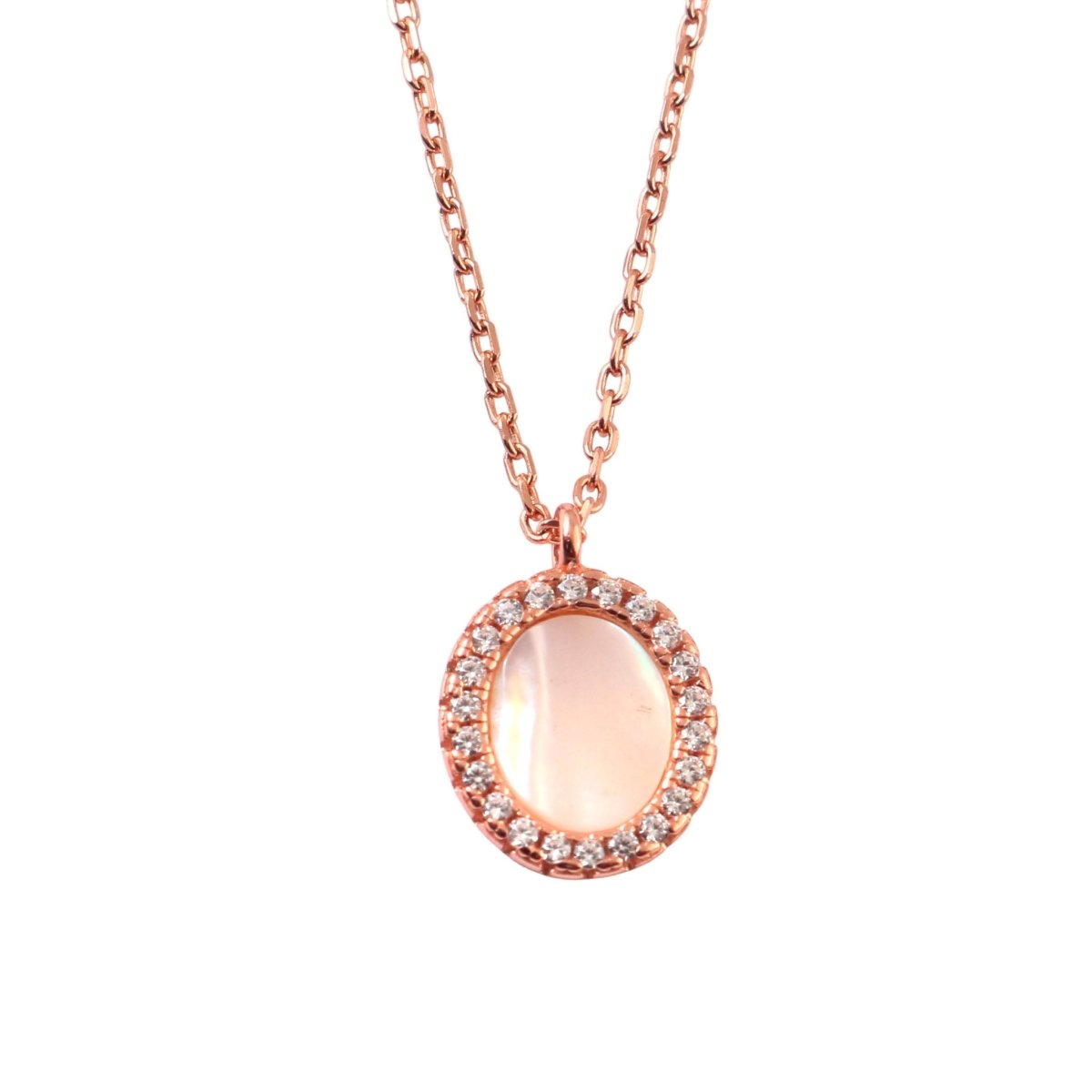 Rose Gold Oval Mother of Pearl Necklace with CZ Halo - Zirak Silver