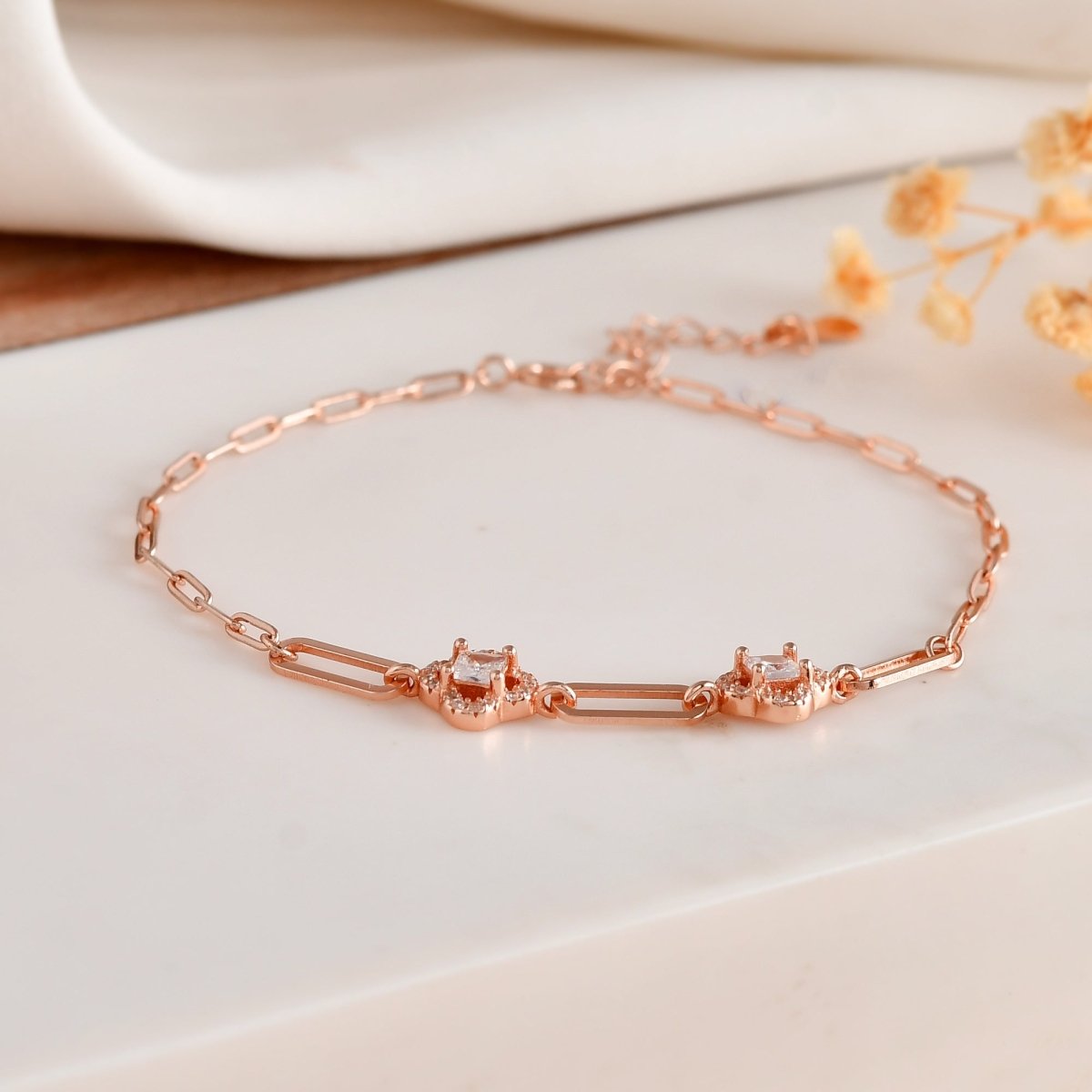 Rose Gold Paper - Clip Chain Bracelet with Cushion - Cut CZ Clover Halos | 925 Sterling Silver - Zirak Silver