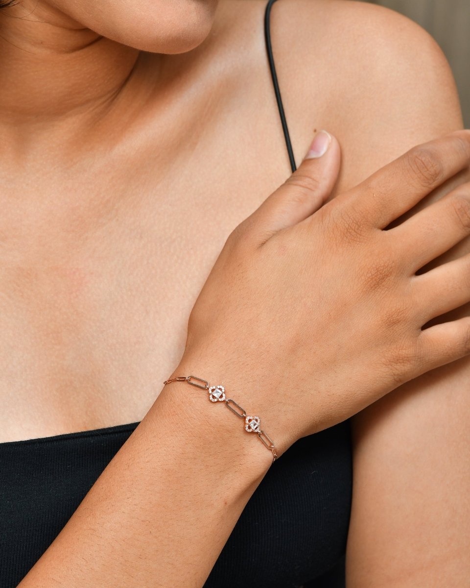 Rose Gold Paper - Clip Chain Bracelet with Cushion - Cut CZ Clover Halos | 925 Sterling Silver - Zirak Silver