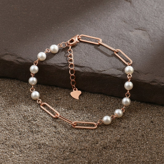 Rose Gold Pearl Chain Bracelet | Modern Link & Pearl Bracelet | 925 Silver Jewelry for Women - Zirak Silver