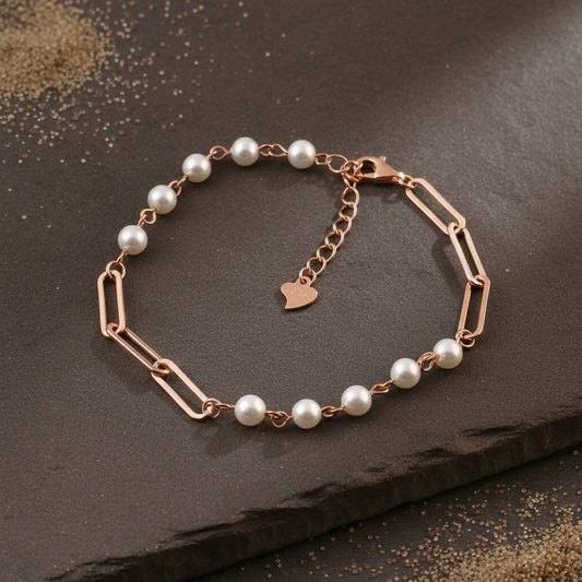 Rose Gold Pearl Chain Bracelet | Modern Link & Pearl Bracelet | 925 Silver Jewelry for Women - Zirak Silver
