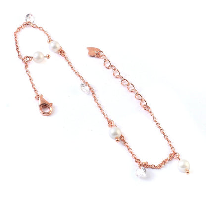 Rose Gold Pearl & CZ Dangle Bracelet | 925 Silver Chain Bracelet | Elegant Minimal Jewelry for Women - Zirak Silver