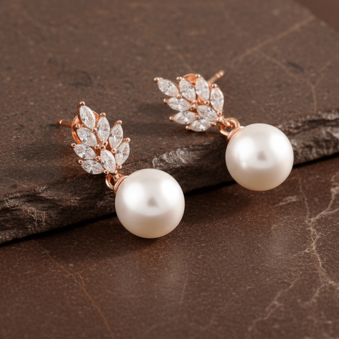 Rose Gold Pearl Drop Earrings – CZ Leaf Studs with Classic White Pearls - Zirak Silver