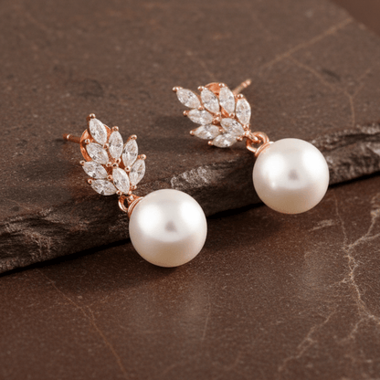 Rose Gold Pearl Drop Earrings – CZ Leaf Studs with Classic White Pearls - Zirak Silver