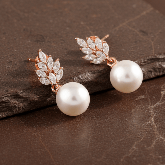 Rose Gold Pearl Drop Earrings – CZ Leaf Studs with Classic White Pearls - Zirak Silver