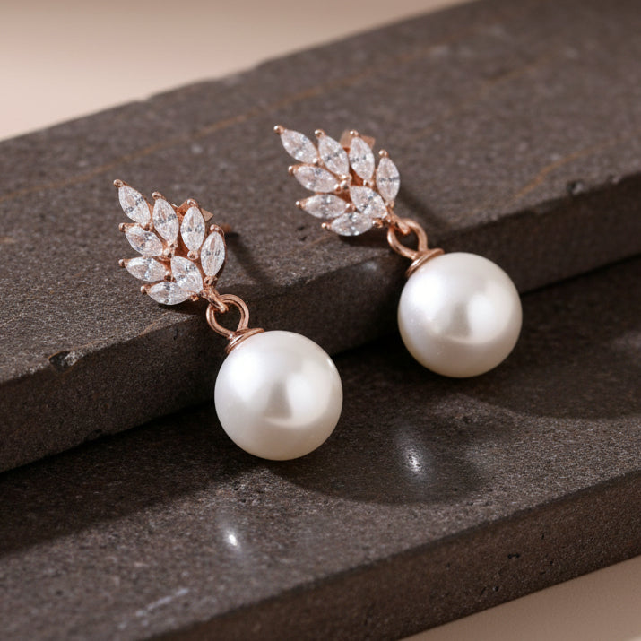 Rose Gold Pearl Drop Earrings – CZ Leaf Studs with Classic White Pearls - Zirak Silver