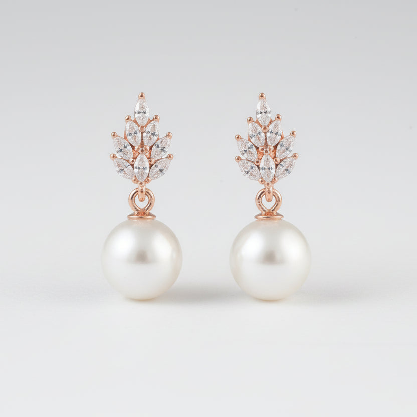 Rose Gold Pearl Drop Earrings – CZ Leaf Studs with Classic White Pearls - Zirak Silver