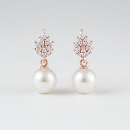Rose Gold Pearl Drop Earrings – CZ Leaf Studs with Classic White Pearls - Zirak Silver