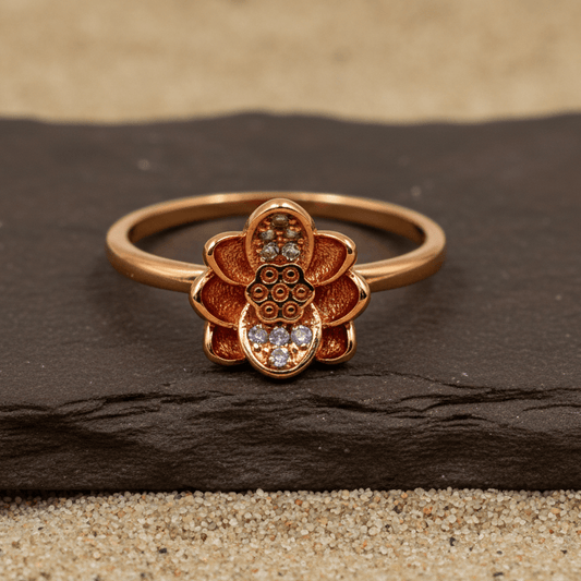 Rose Gold Petal Blossom Ring – Dainty Floral CZ Accent Band - Zirak Silver