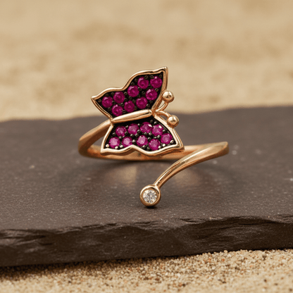Rose Gold Pink Butterfly Open Ring – Adjustable Sparkle Statement Ring - Zirak Silver