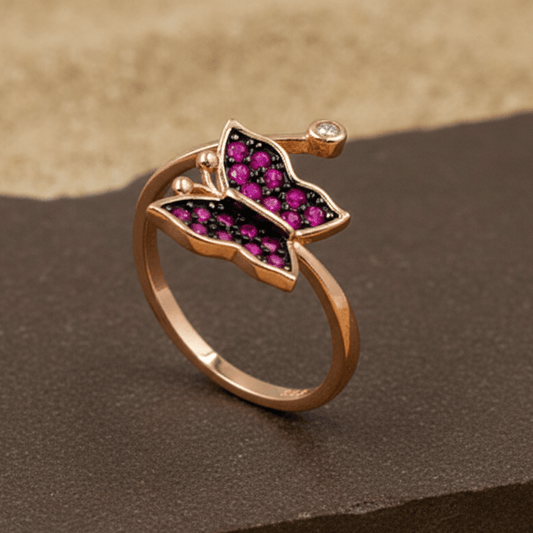 Rose Gold Pink Butterfly Open Ring – Adjustable Sparkle Statement Ring - Zirak Silver