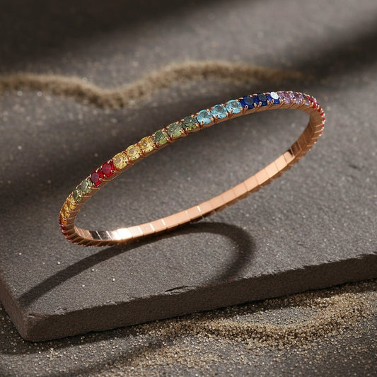 Rose Gold Rainbow Stone Tennis Bangle | Multicolor CZ Stackable Bracelet - Zirak Silver