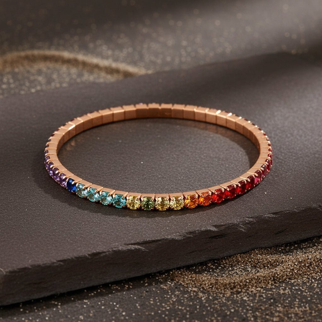 Rose Gold Rainbow Stone Tennis Bangle | Multicolor CZ Stackable Bracelet - Zirak Silver