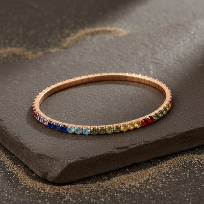 Rose Gold Rainbow Stone Tennis Bangle | Multicolor CZ Stackable Bracelet - Zirak Silver