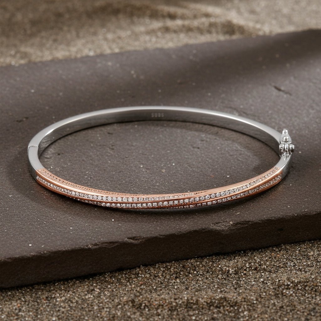 Rose Gold & Silver Dual - Tone CZ Line Bangle Bracelet | - Zirak Silver