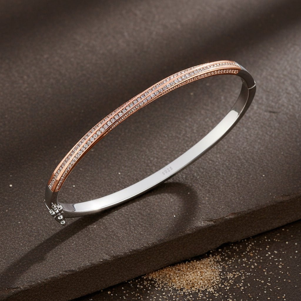 Rose Gold & Silver Dual - Tone CZ Line Bangle Bracelet | - Zirak Silver