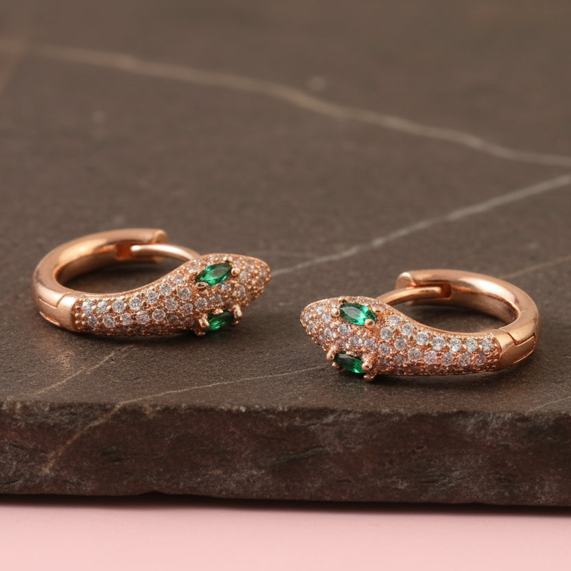 Rose Gold Snake Huggie Earrings – Green CZ Eyes Pavé Hoop Earrings for Women - Zirak Silver