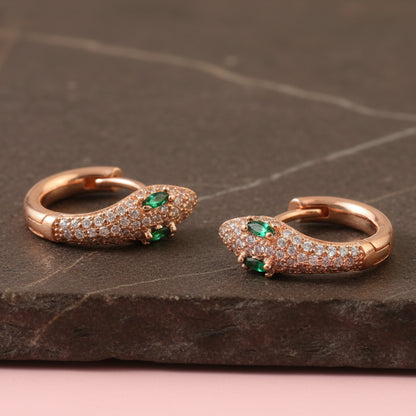 Rose Gold Snake Huggie Earrings – Green CZ Eyes Pavé Hoop Earrings for Women - Zirak Silver