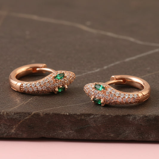 Rose Gold Snake Huggie Earrings – Green CZ Eyes Pavé Hoop Earrings for Women - Zirak Silver