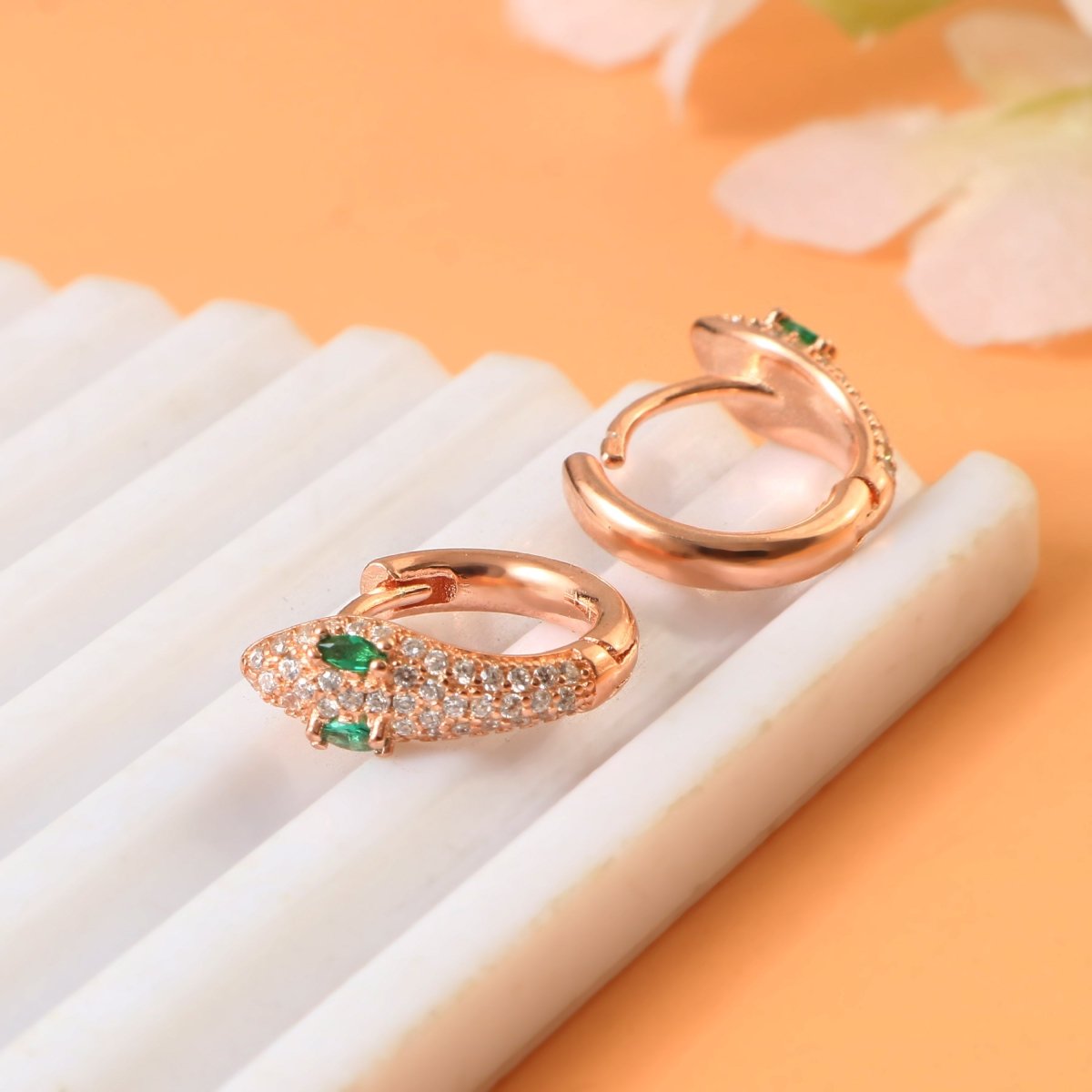 Rose Gold Snake Huggie Earrings – Green CZ Eyes Pavé Hoop Earrings for Women - Zirak Silver