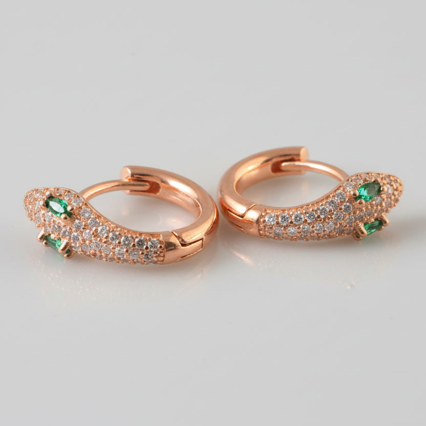Rose Gold Snake Huggie Earrings – Green CZ Eyes Pavé Hoop Earrings for Women - Zirak Silver