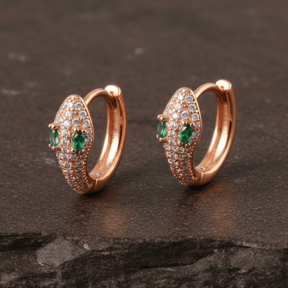 Rose Gold Snake Huggie Earrings – Green CZ Eyes Pavé Hoop Earrings for Women - Zirak Silver