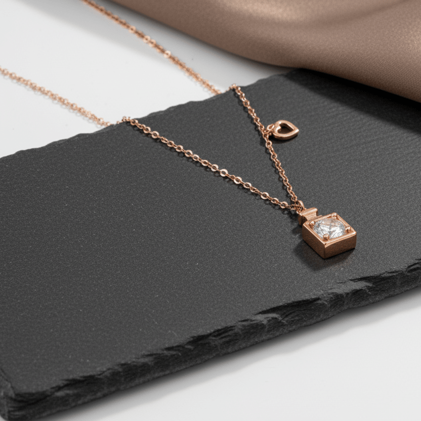 Rose Gold Square Solitaire CZ Pendant Necklace - Zirak Silver